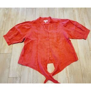 Charter Club Women's PXL Linen Tie-Front‎ Top Orange Salmon Color Embroidered